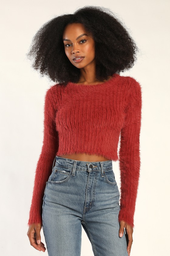 Rust Red Eyelash Knit Sweater - Cropped Sweater - Fuzzy Sweater - Lulus