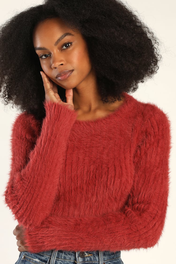 Your Sweetest Dream Rust Red Eyelash Knit Cropped Sweater