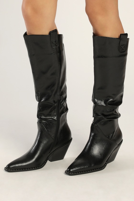 Black Knee-High Boots - Western-Style Boots - Faux Leather Boots - Lulus