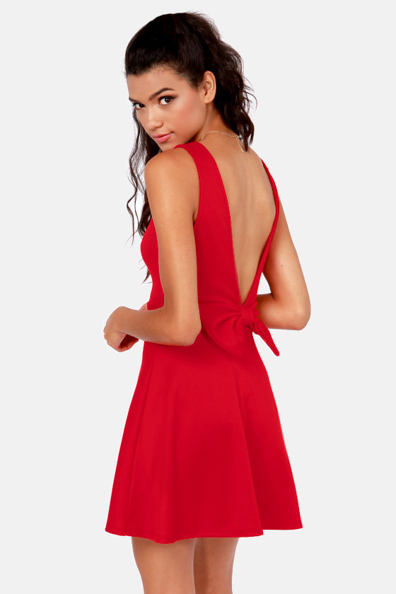 Pretty Red Dress Backless Dress Skater Dress Lulus