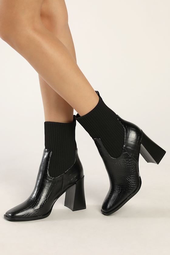 Naynee Black Crocodile-Embossed Square Toe Mid-Calf Boots 1