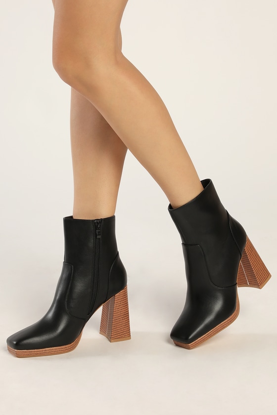 Lulus Konnie Black Platform Square-toe Ankle High Heel Boots