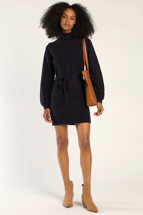 Navy Sweater Dress - Mock Neck Dress - Long Sleeve Sweater Dress - Lulus