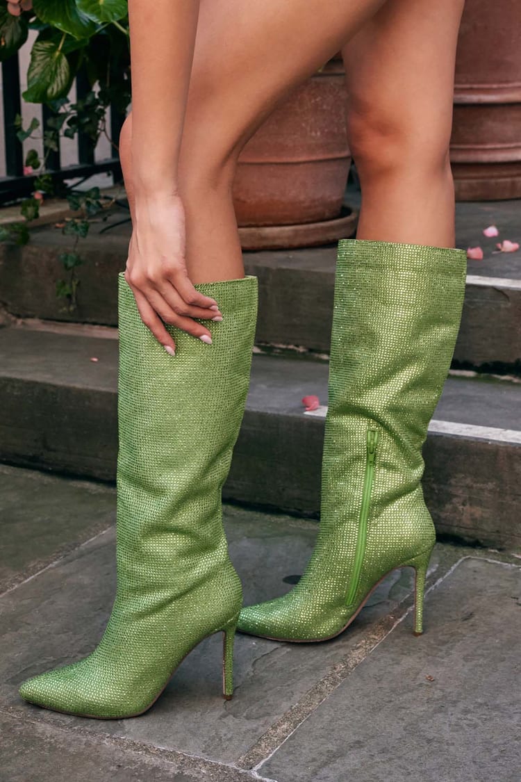 At understrege Ko gårdsplads Rhinestone Boots - Knee-High Boots - Green Pointed-Toe Boots - Lulus