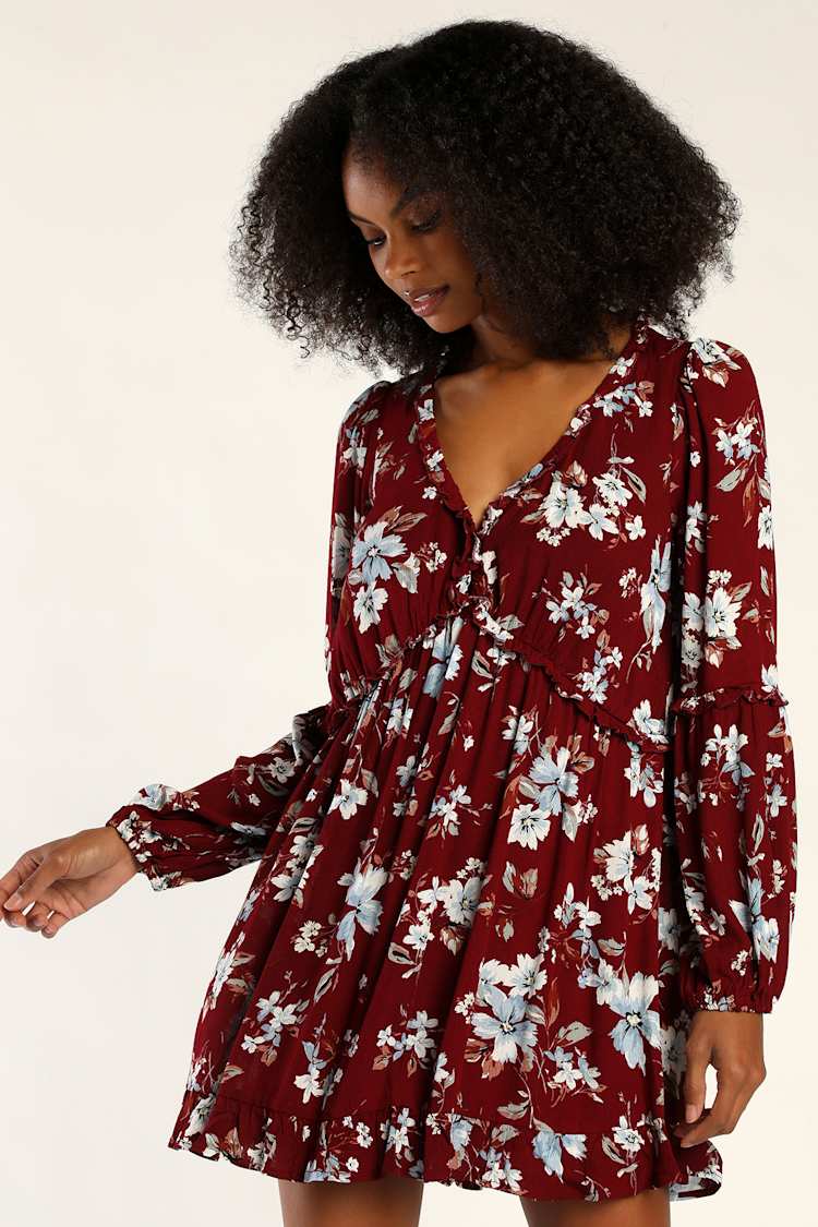 Burgundy Floral Print Dress - Long Sleeve Dress - Babydoll Dress - Lulus Burgundy Floral Print Dress - Long Sleeve Dress - Babydoll Dress - Lulus