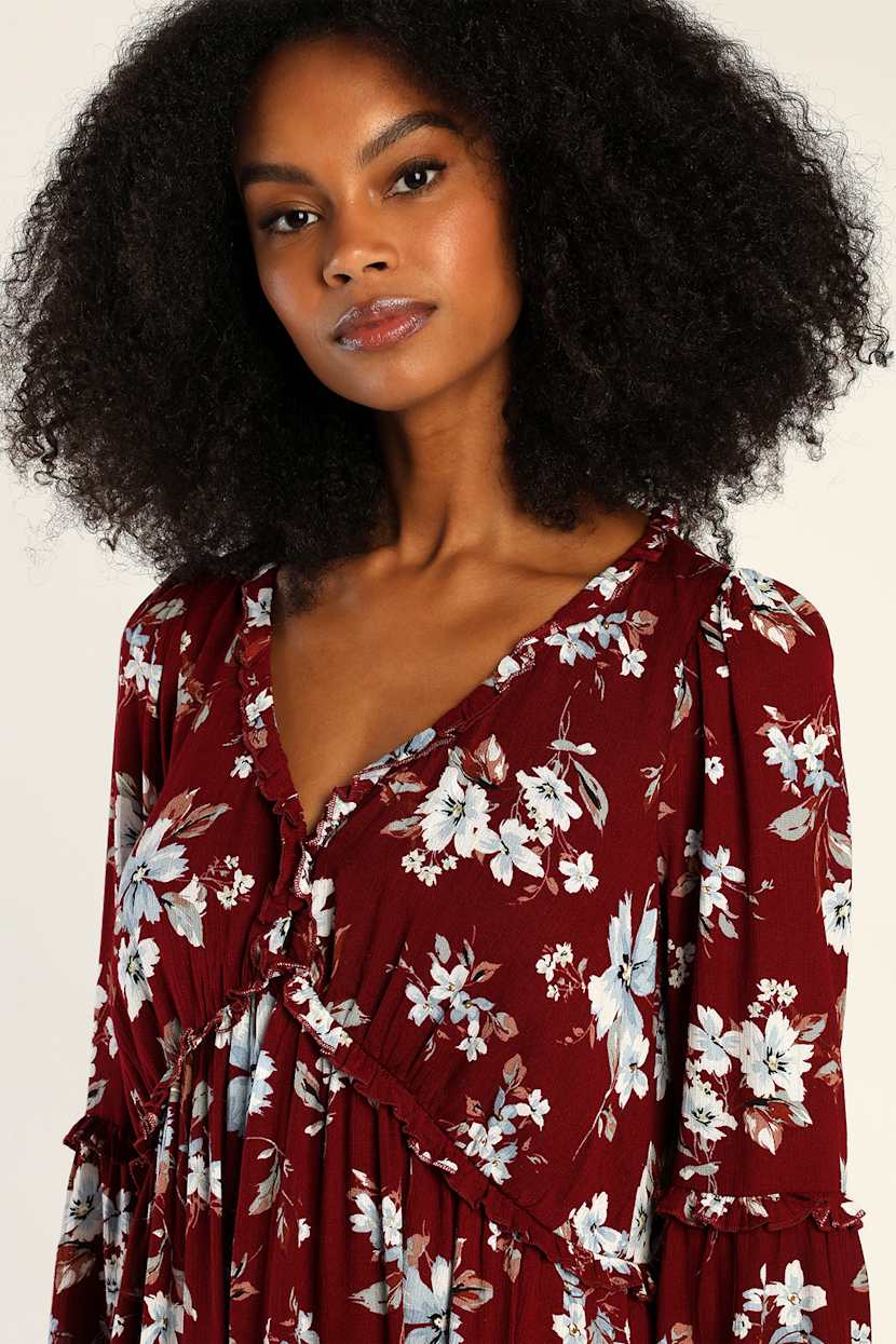 Burgundy Floral Print Dress - Long Sleeve Dress - Babydoll Dress - Lulus