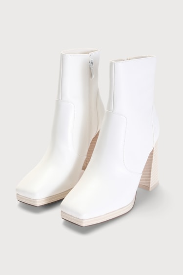 Konnie White Platform Square-Toe Ankle Boots