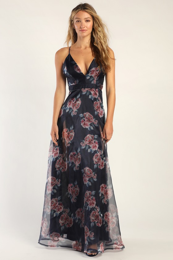 Navy Blue Floral Dress - Organza Maxi Dress - Backless Maxi Dress - Lulus