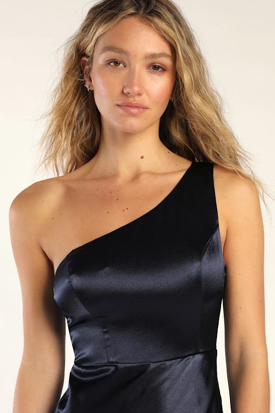 Alluring Arrival Navy Blue Satin One Shoulder Maxi Dress 3