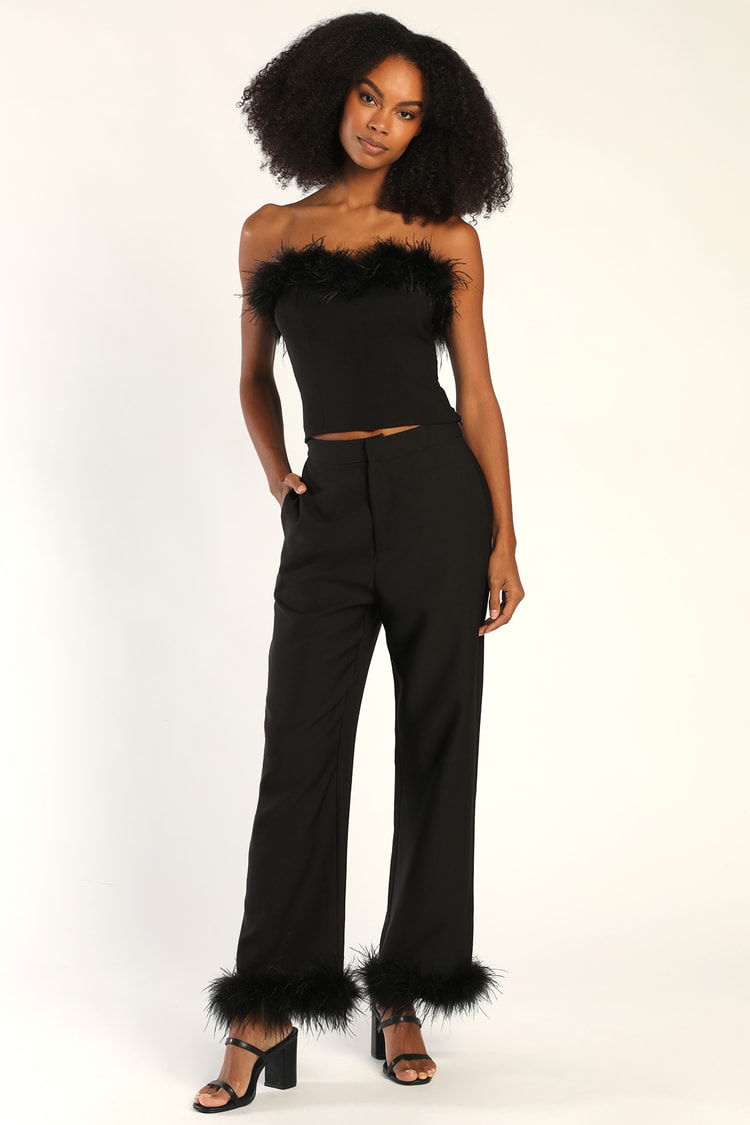Flair for the Fabulous Black Feather Cropped Tube Top
