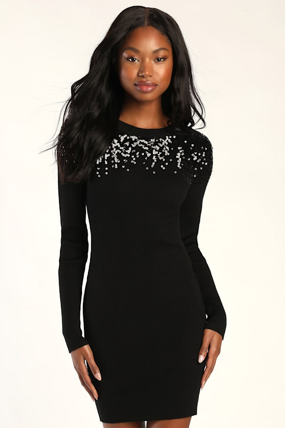 Snow Stopper Black Ribbed Sequin Mini Sweater Dress 6