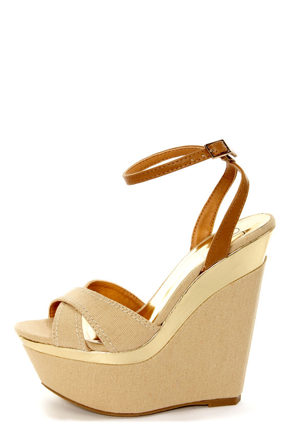 My Delicious Angeni Nude Cotton and Gold Platform Wedge Sandals - $32. ...