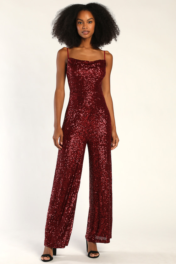 Red Sequin Jumpsuit - Wide-Leg Jumpsuit - Cowl Neck Jumpsuit - Lulus