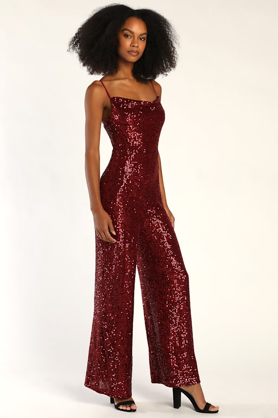 Dancing to the Music Burgundy Sequin Wide-Leg Jumpsuit 5