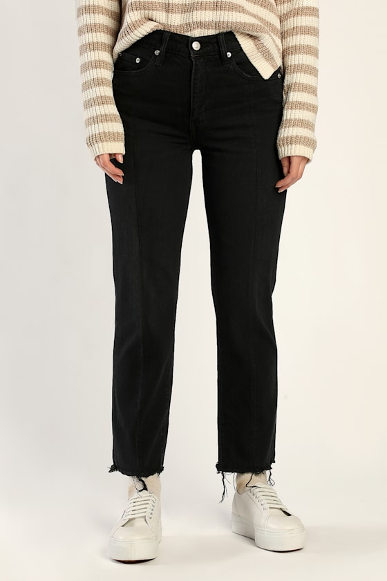 Straight Up Black High Rise Raw Hem Denim Jeans 3