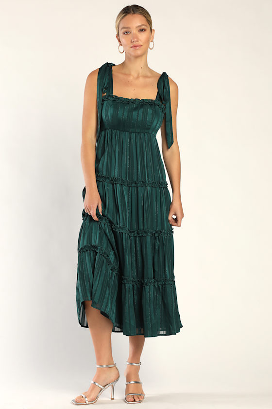 Day for Romance Emerald Green Tie-Strap Tiered Midi Dress 1