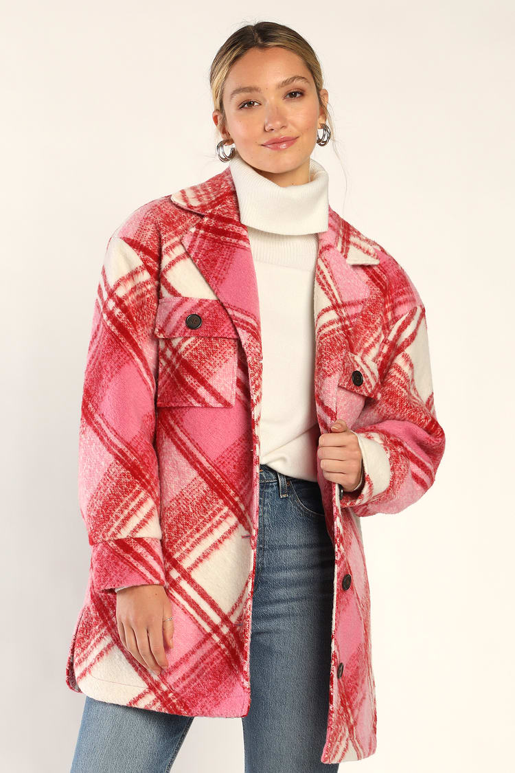 undskylde Vanvid Dwell Pink and Red Coat - Plaid Coat - Shacket Coat - Quilt Lined Coat - Lulus