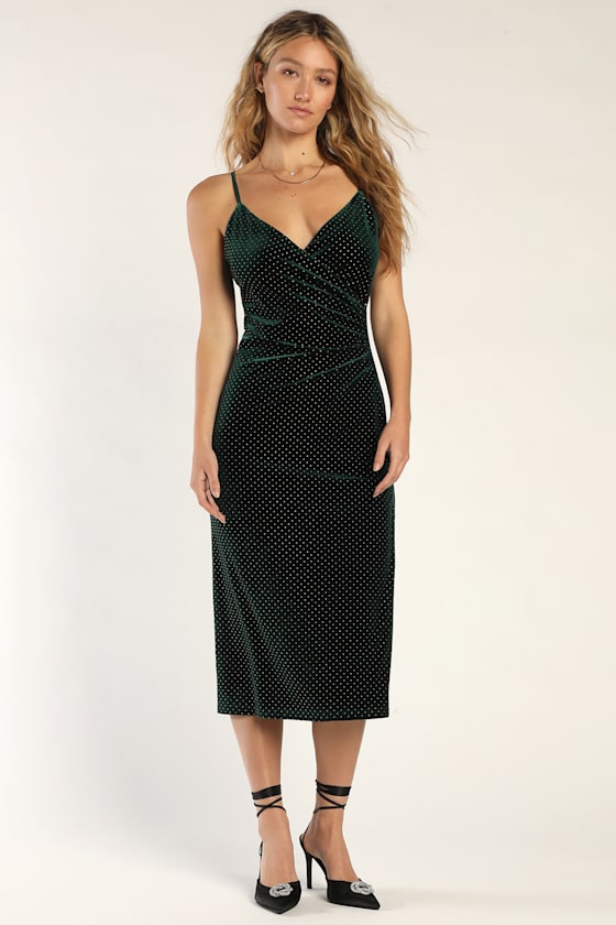 Stylish Energy Emerald Green Velvet Polka Dot Midi Dress 1