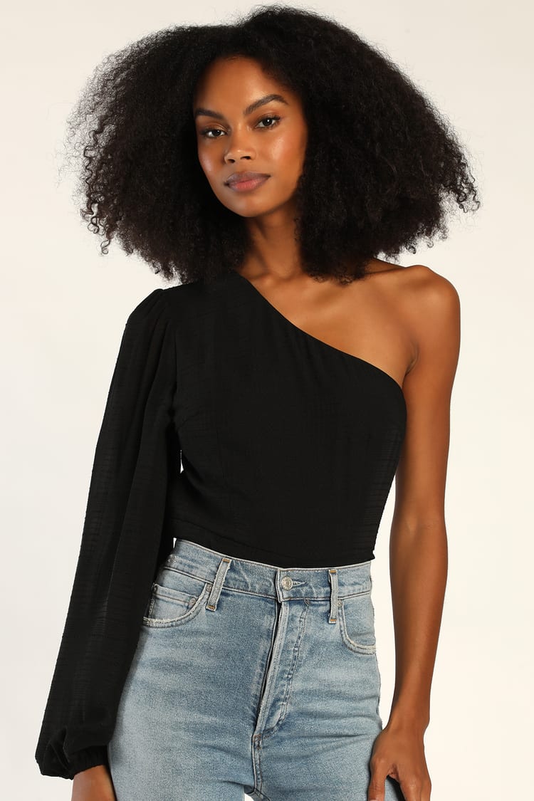 lyserød linned reservation Black Long Sleeve Top - One-Shoulder Top - Textured Top - Lulus