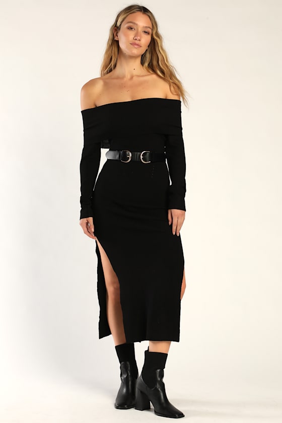Good For Me Black Ribbed Off-The-Shoulder Maxi Sweater Dress 1