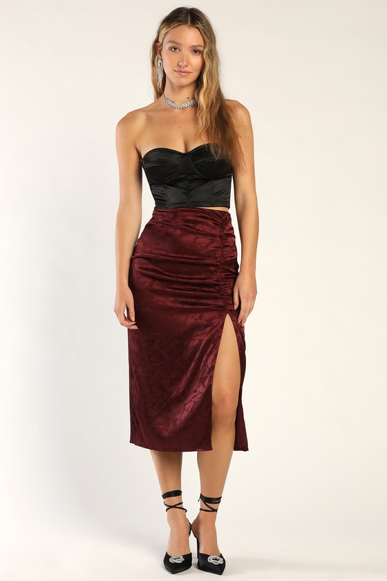 Flowy Copper Satin Midi Skirt - All Bottoms | Red Dress