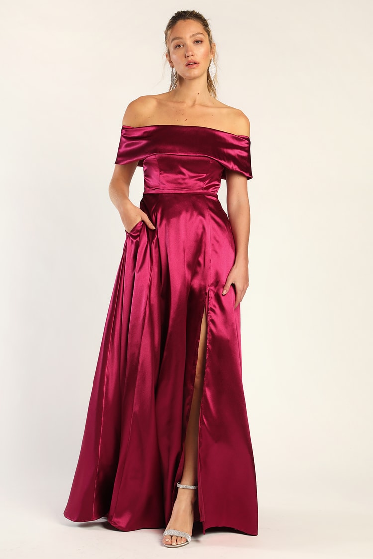 Berry Pink Dress - Satin Maxi Dress - Off-The-Shoulder Dress - Lulus