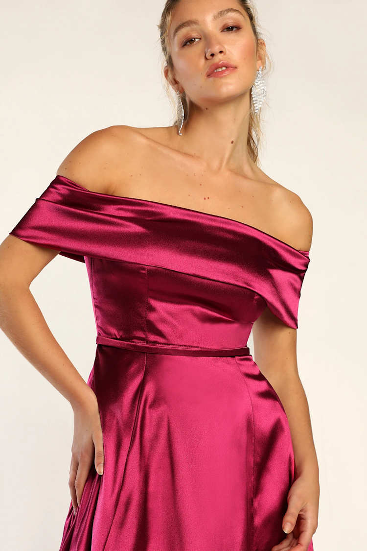 Berry Pink Dress - Satin Maxi Dress - Off-the-Shoulder Dress - Lulus