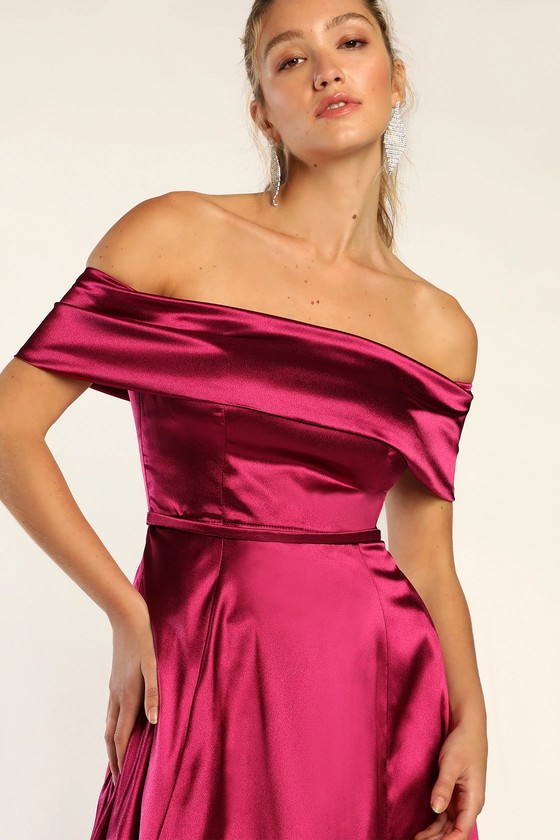 Berry Pink Dress - Satin Maxi Dress - Off-the-Shoulder Dress - Lulus