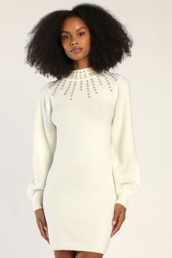 Lulus Darling Sparkle Ivory Rhinestone Mock Neck Mini Sweater Dress