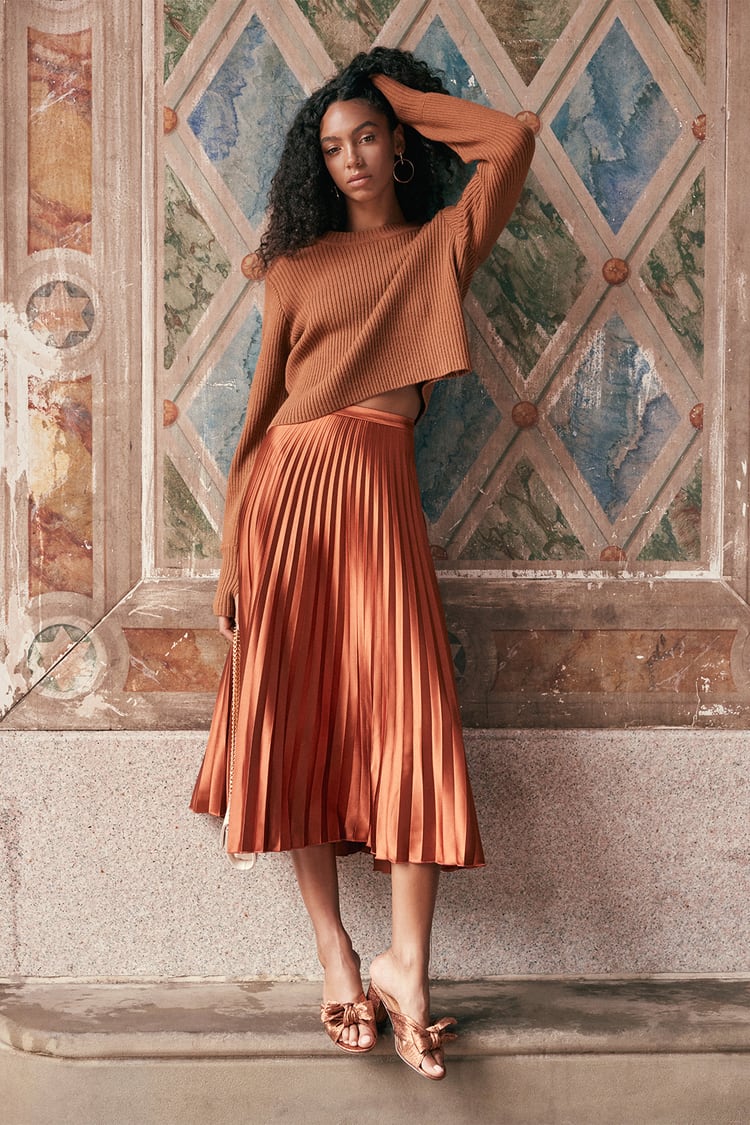 Fashionable Babe Rust Brown Satin Pleated Midi Skirt