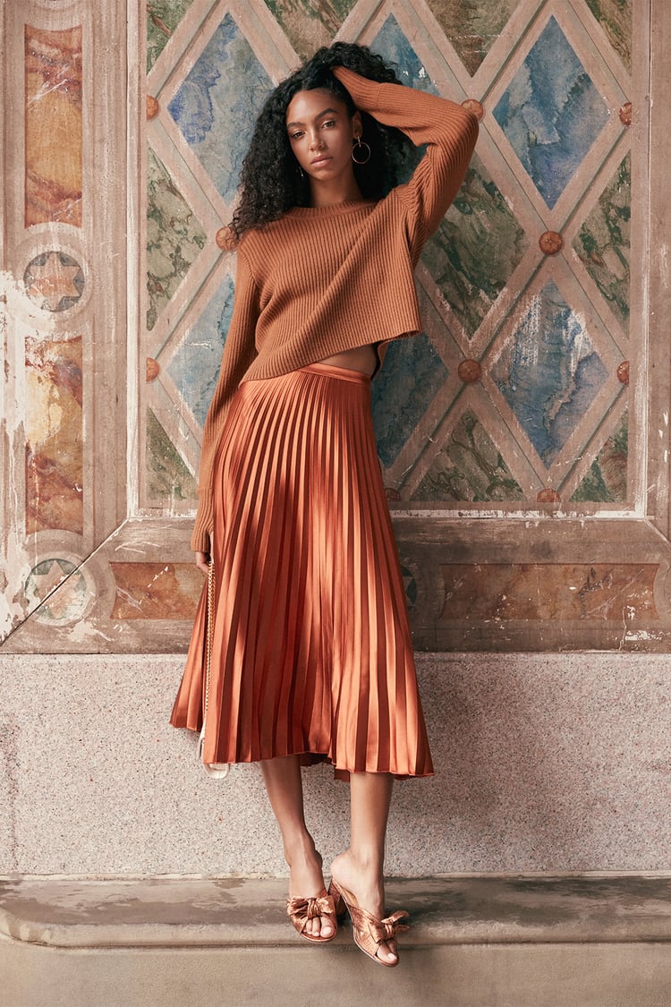 Chic Rust Brown Satin Skirt - Midi Pleated Skirt - Satin Skirt - Lulus