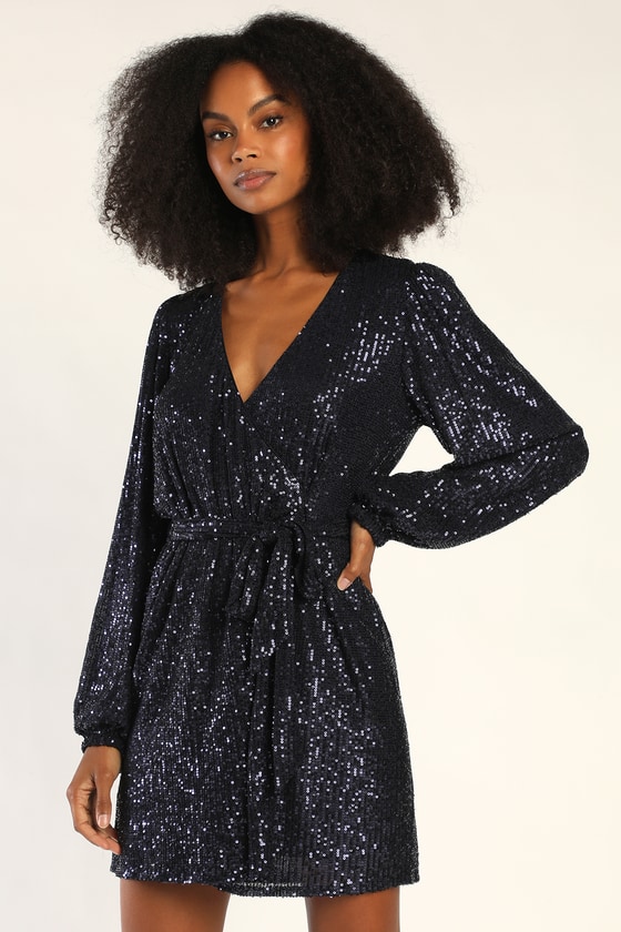Lulus Sparkly Darling Navy Blue Sequin Long Sleeve Wrap Dress