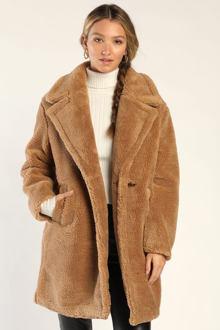 Moda Scarlet Coat Longline Teddy Coat - Brown - Lulus