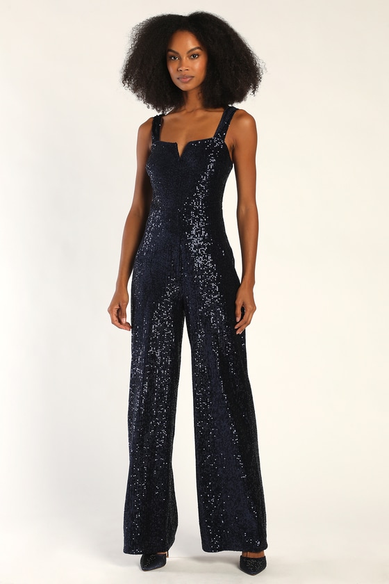 Navy Blue Jumpsuit - Velvet Sequin Jumpsuit - Sleeveless Jumpsuit - Lulus