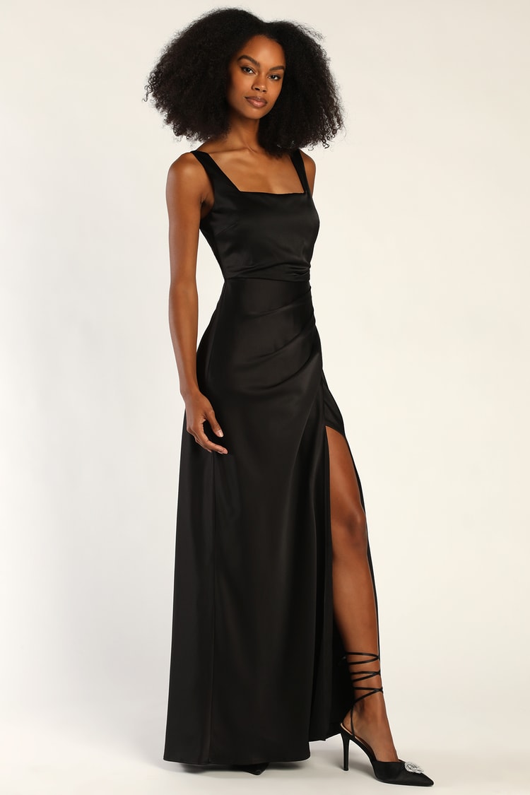 Black Satin Dress - Maxi Dress - Draped Maxi Dress - Slit Maxi - Lulus