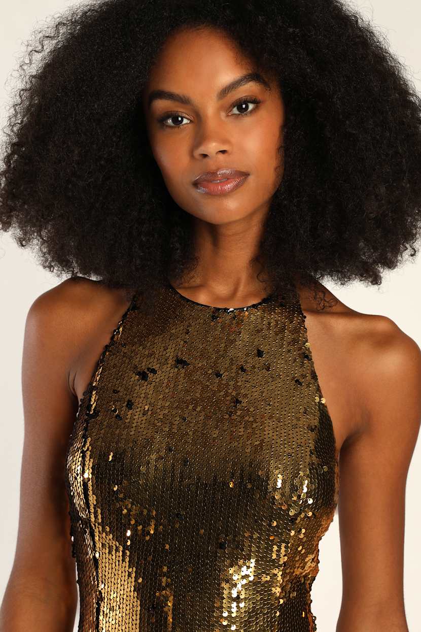 gold sequin halter dress Sequin Halter Sleeveless Long Mermaid Formal Dress With Pleated