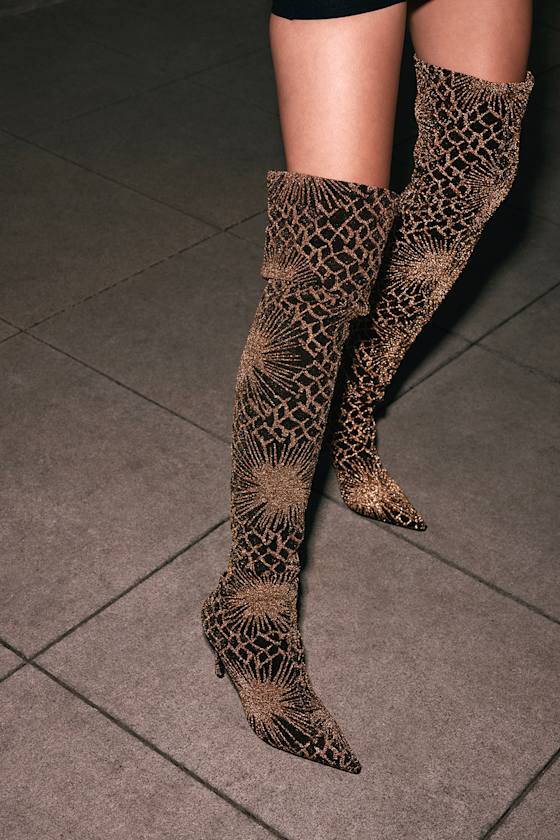 Rayssa Black and Gold Over the Knee Pointed-Toe Boots 2