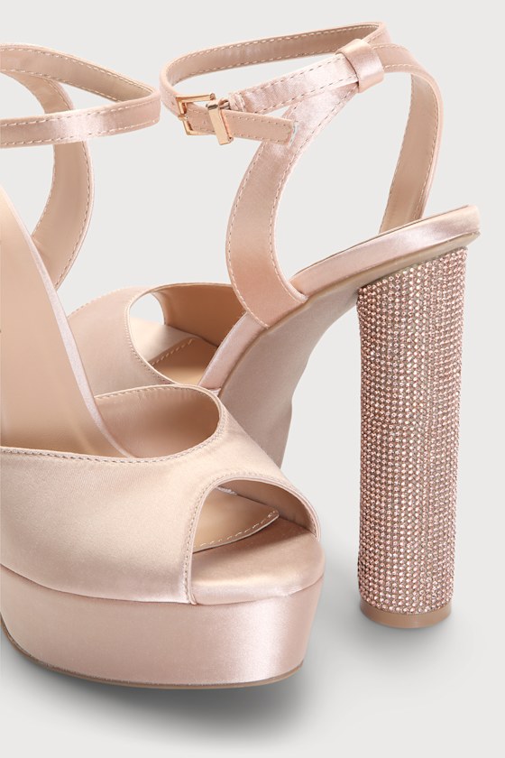 Kamila Rose Gold Satin Platform Rhinestone Ankle Strap Heels 2