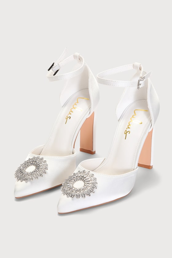 Lulus Bradleyy White Satin Pointed-toe Ankle Strap Pumps