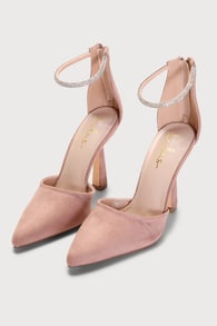 Dona Mauve Suede Rhinestone Pointed-Toe Ankle Strap Pumps