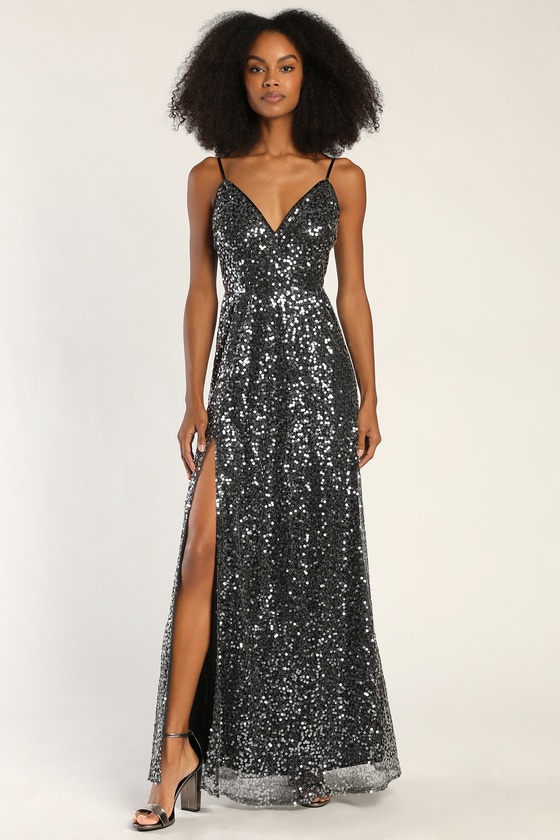 Galactic Zigzag Elegance Silver Black Sequin Drag Queen Gown