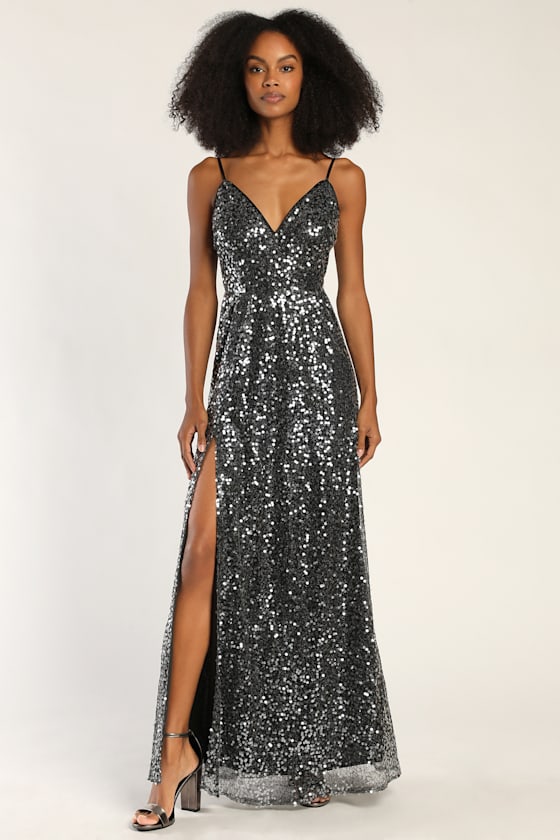 Magnetic Attraction Silver and Black Sequin Maxi Dress 2