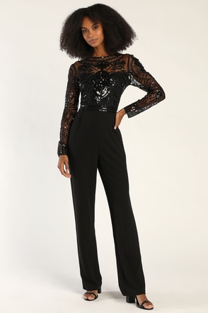 Chic Black Jumpsuit - Sequin Beaded Jumpsuit - Wide-Leg Jumpsuit - Lulus