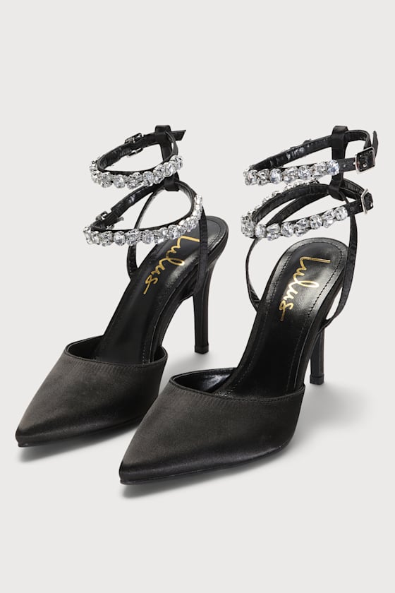 Syene Black Satin Rhinestone Pointed-Toe Ankle Strap Heels 3