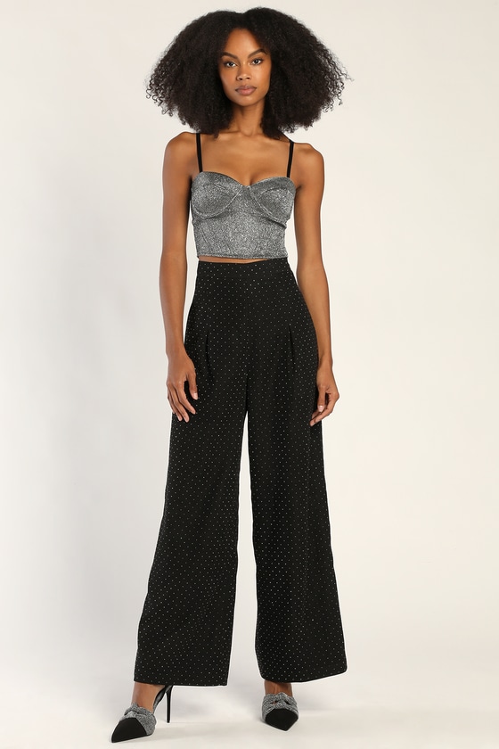 Dazzling Sophistication Black Rhinestone Wide Leg Pants
