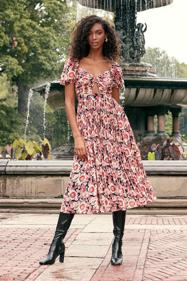 open lace back dress Pink Plus Size Floral Square Neck Puff Sleeve Ruffle Maxi Dress Pink / 4X main image 1