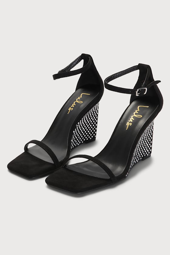 Lagaro Black Suede Rhinestone Ankle Strap Wedge Sandals 3