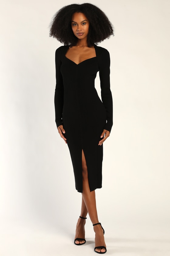 Lulus Adoring Me Black Ribbed Long Sleeve Midi Sweater Dress ModeSens