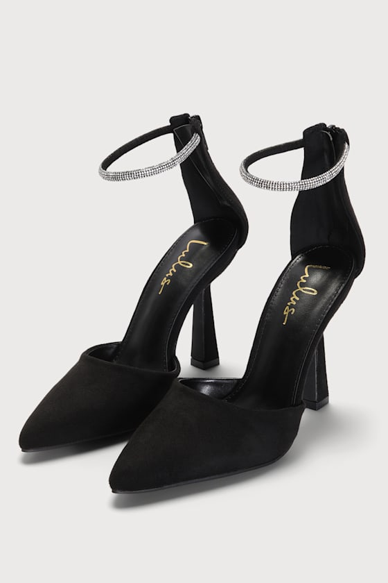 Dona Black Suede Rhinestone Pointed-Toe Ankle Strap Pumps 3