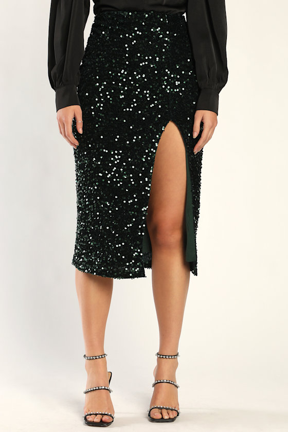 Never Ending Sparkle Hunter Green Velvet Sequin Midi Skirt 6